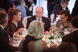 HSH Prince Albert with Princess Stephanie and Camille daughter of the Princess at the art auction @FAM 2016