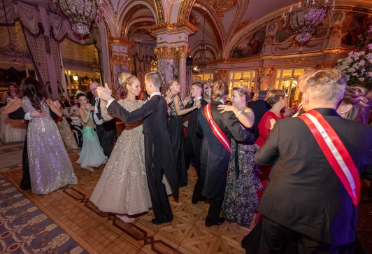 The elegant guests on the dance floor during The Grand Ball of Princes and Princesses, February 14, 2019@Noble Monte-Carlo