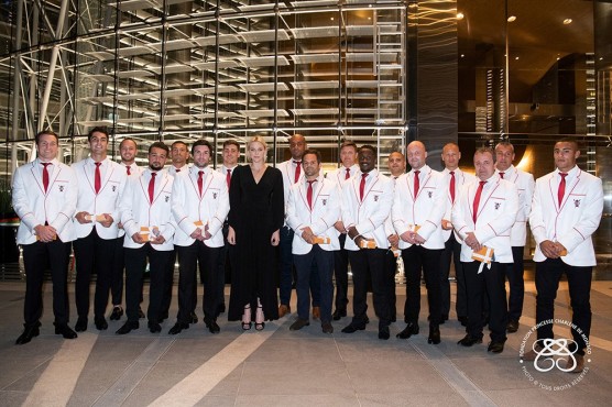 Princess Charlene and Gareth Wittstock, General Secretary of the Princess Charlene of Monaco Foundation with the Impi’s Rugby Team and coaching staff © Eric Mathon /Palais Princier